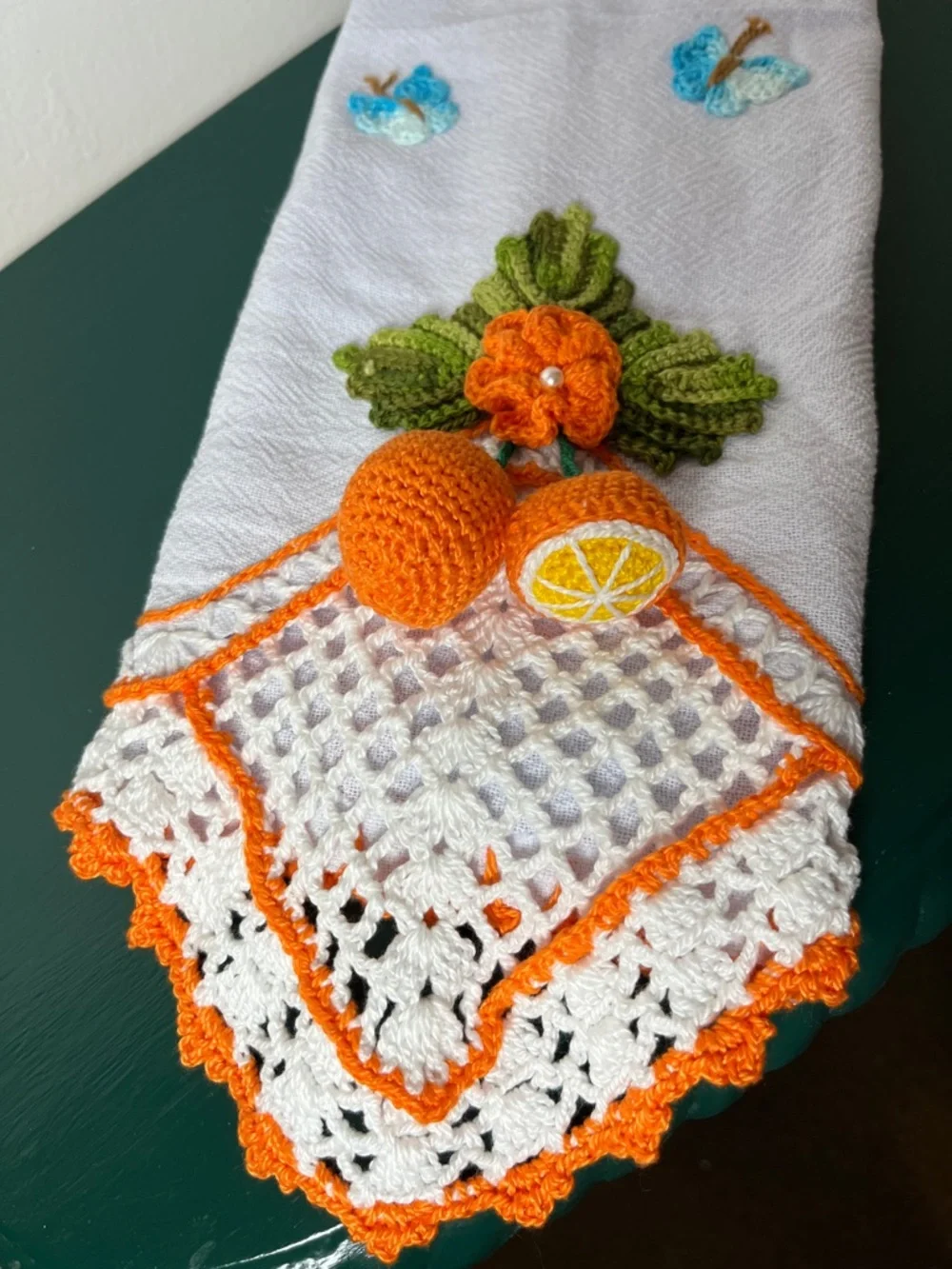 Handcrafted Linen Cotton Embroidered 3D Amigurumi Orange Fruit Kitchen Tea Towel